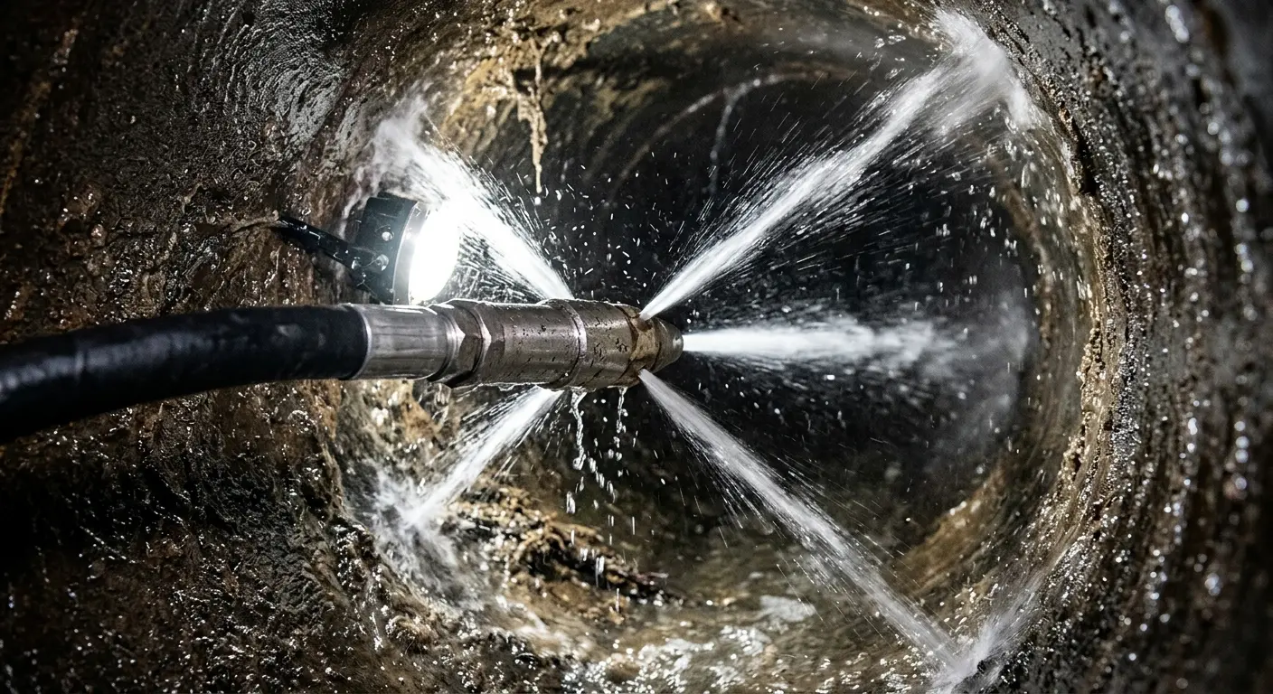 High-pressure hydro jetting nozzle cleaning sewer pipe for Trenchless Sewer Repair in Ringwood