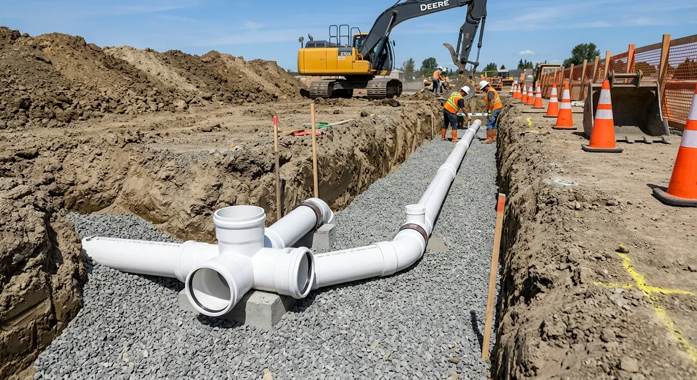 New PVC sewer pipe installation in open trench for Sewer Backup in Ringwood
