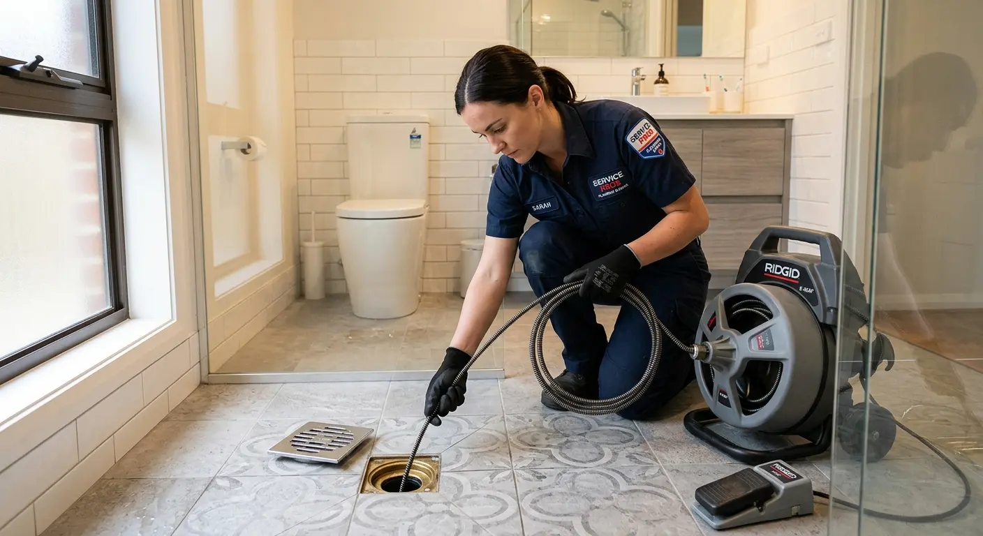 Technician clearing a bathroom floor drain for Sewer Line Replacement in Ringwood